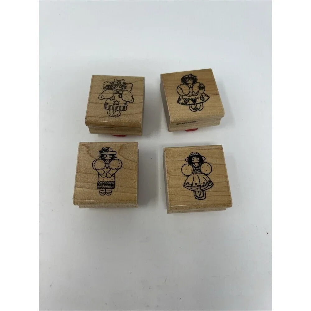 D.O.T.S. DOTS Lot (4) Wooden Rubber Stamp Set Little Country Angels 1.5